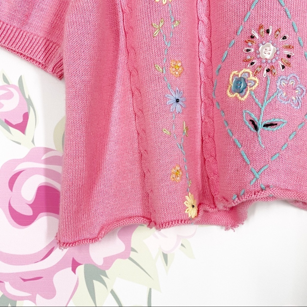 Vintage Style Pink Floral Grannycore Embroidered Knit Crop Top S - Picture 4 of 7